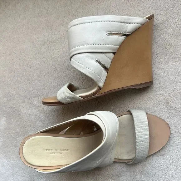 Rag & Bone Bone Leather & Canvas Wedge Wood Heel Sandals Women EU 36 US 5.5 - 6